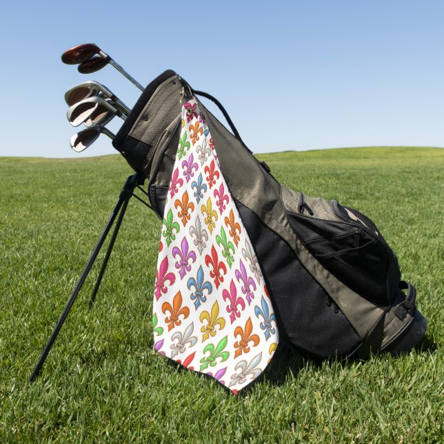 Colourful Bold Fleur-de-lis Flowers White Golf Towel (Green)