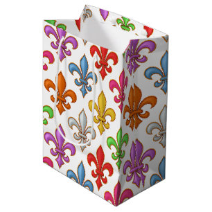 Colourful Bold Fleur-de-lis Flowers White Medium Gift Bag