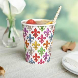 Colourful Bold Fleur-de-lis Flowers White Paper Cups