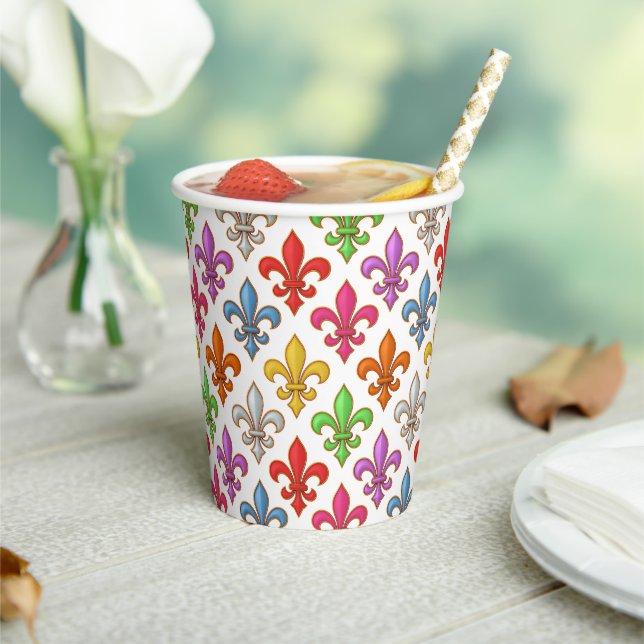 Colourful Bold Fleur-de-lis Flowers White Paper Cups (Insitu)