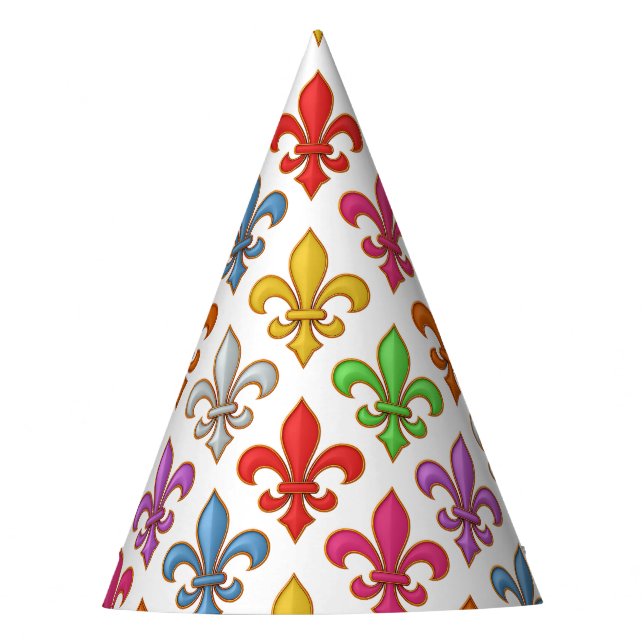 Colourful Bold Fleur-de-lis Flowers White Party Hat (Front)