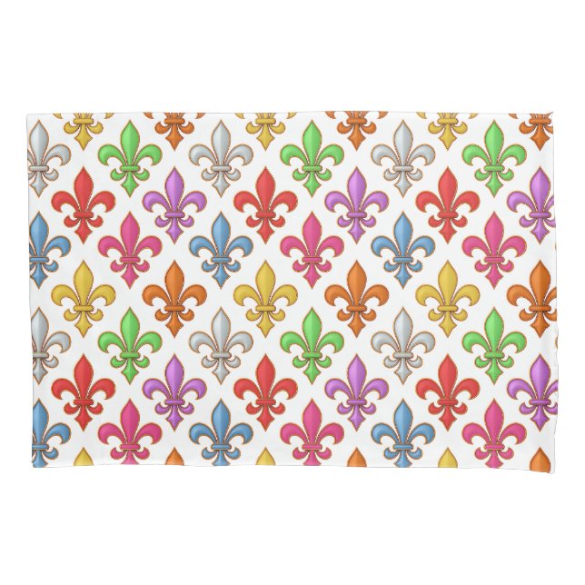 Colourful Bold Fleur-de-lis Flowers White Pillowcase (Front)