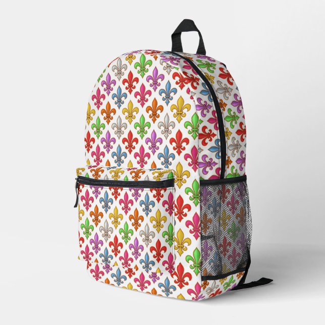 Colourful Bold Fleur-de-lis Flowers White Printed Backpack (Back Corner Right)