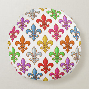 Colourful Bold Fleur-de-lis Flowers White Round Cushion