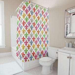 Colourful Bold Fleur-de-lis Flowers White Shower Curtain
