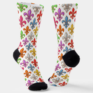 Colourful Bold Fleur-de-lis Flowers White Socks