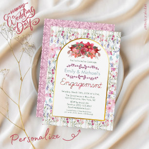 Colourful Bold Floral Blooms Gold Engagement Party Invitation