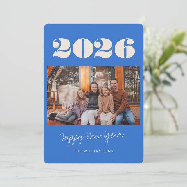 Colourful Bold French Blue Two Photo 2025 New Year Holiday Card (Standing Front)