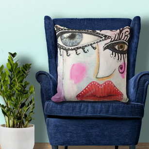 Colourful Bold Lip Quirky Eyes Collage Art Graffit Cushion