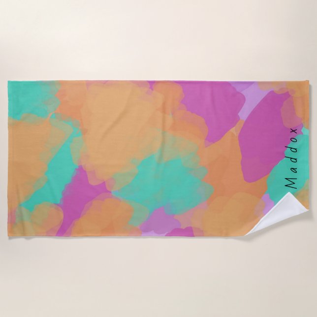 Colourful Bold Modern Artist Pattern + Custom Name Beach Towel (Front)