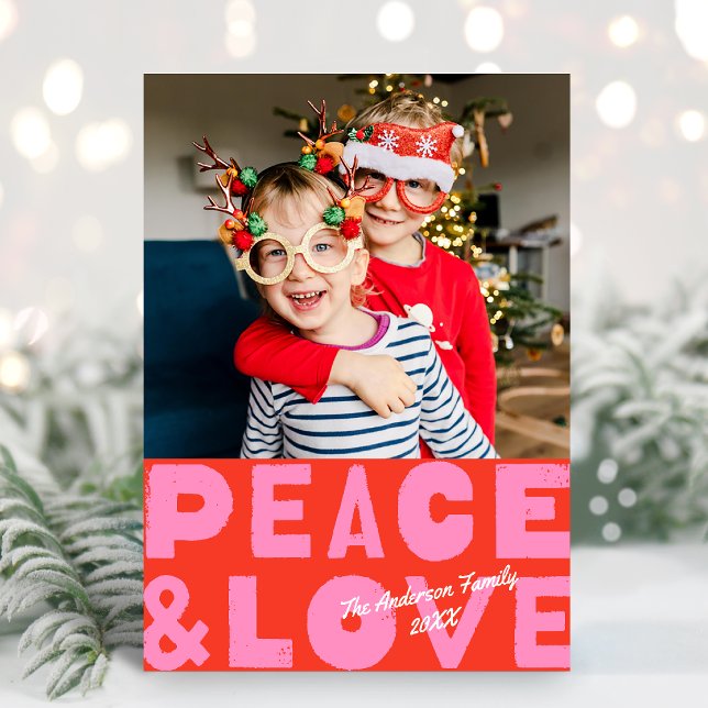 Colourful Bold Peace & Love  Red Pink Photo Holiday Card (Creator Uploaded)