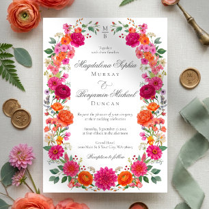 Colourful Bold Pink & Orange Floral Garden Wedding Invitation