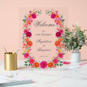 Colourful Bold Pink & Orange Floral Wedding Welcom Acrylic Sign