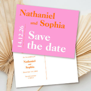 Colourful Bold Pink Orange Typography Save the Dat Postcard