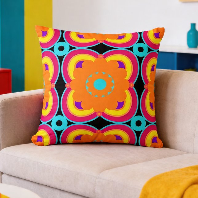 Colourful Bold Retro Geometric Floral Cushion (Bright colors, bold symmetry, and a retro twist. The perfect accent for your space.
)
