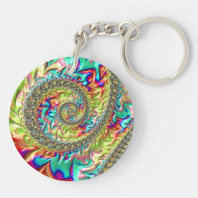 Colourful Bold Vibrant Groovy Trippy Fractal Spira Key Ring (Back)