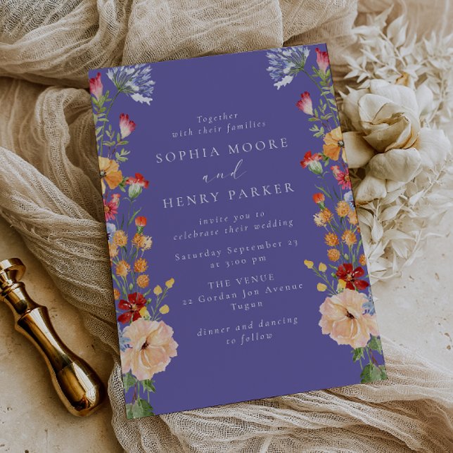 Colourful Bold Wildflowers Purple Wedding Invitation (Creator Uploaded)