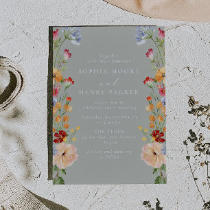 Colourful Bold Wildflowers Sage Wedding Invitation