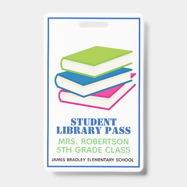 Colourful Books School Library Hall Pass Badge ID Badge (Front)