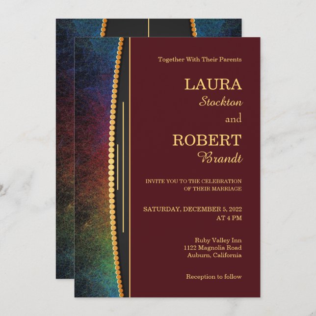 Colourful Border with Gold Wedding Invitation (Front/Back)