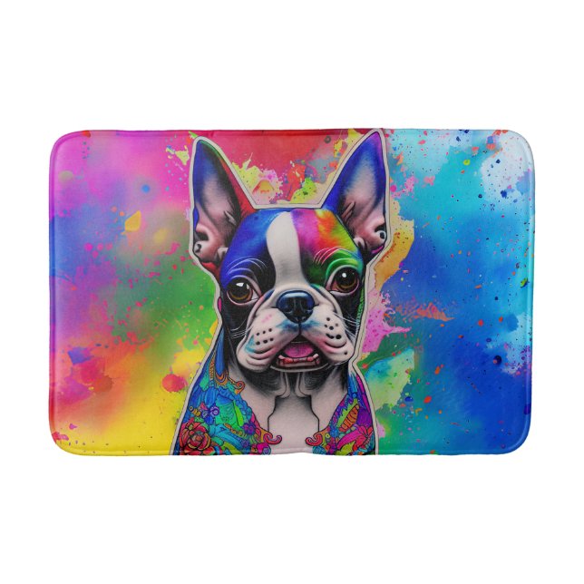 Colourful Boston Terrier Paint Splashes Bath Mat (Front)