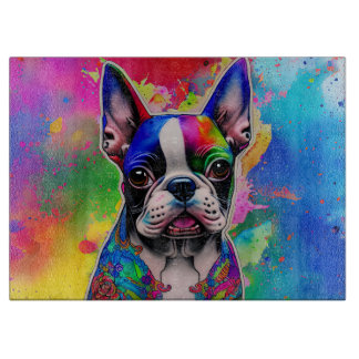 Colourful Boston Terrier Paint Splashes Cutting Board