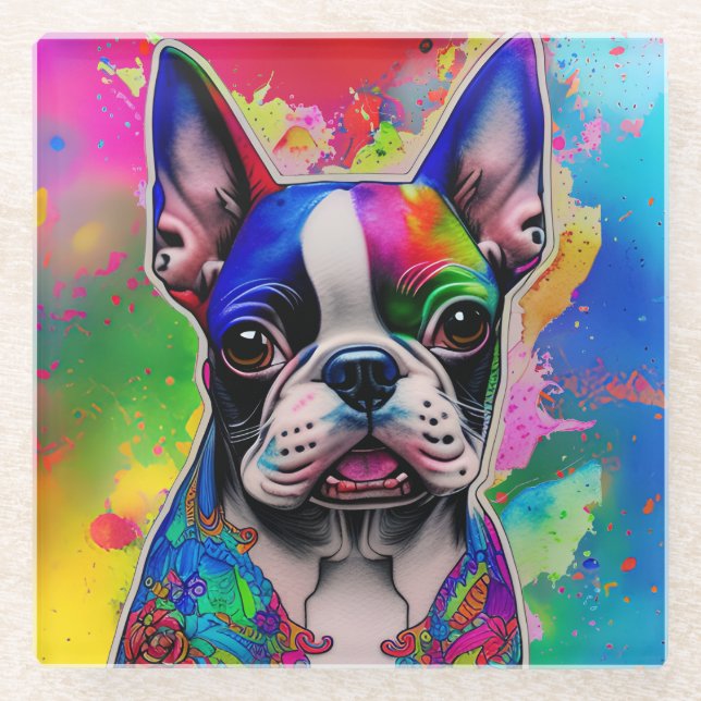 Colourful Boston Terrier Paint Splashes Glass Coaster (Front)