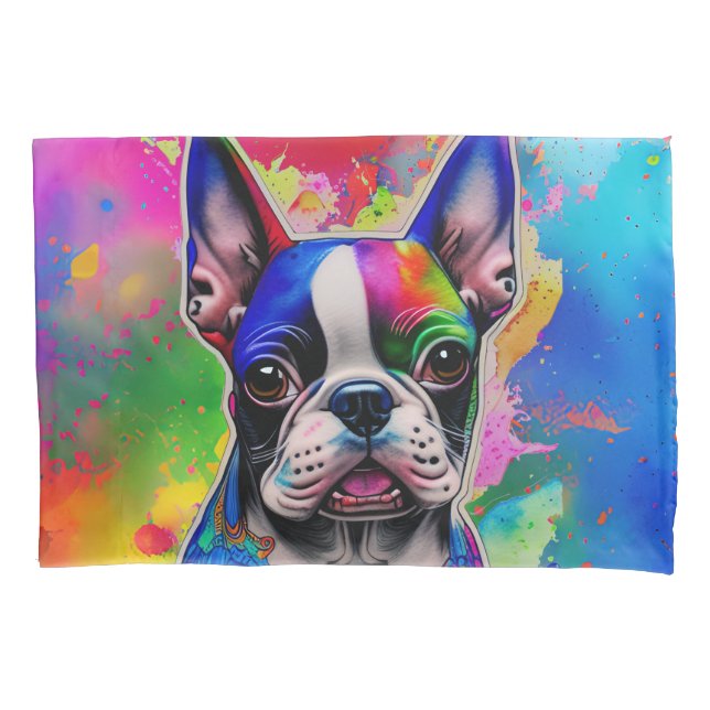 Colourful Boston Terrier Paint Splashes Pillowcase (Front)