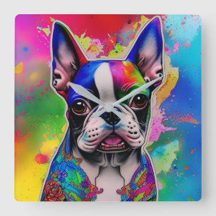 Colourful Boston Terrier Paint Splashes Square Wall Clock