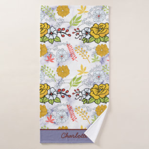 Colourful botanical floral pattern personalised bath towel