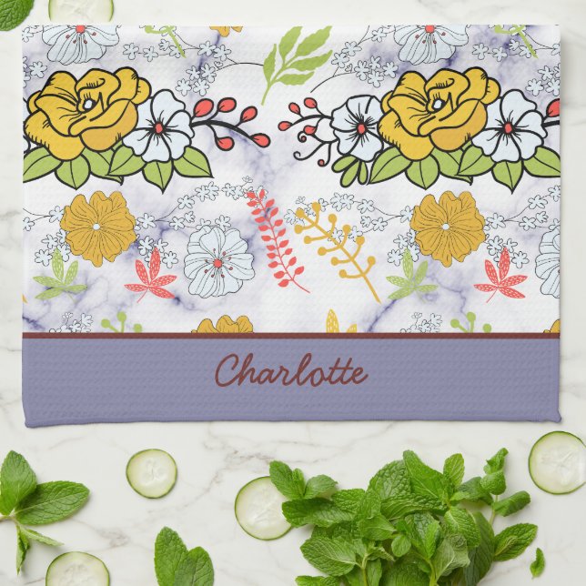 Colourful botanical floral pattern personalised  tea towel (Folded)