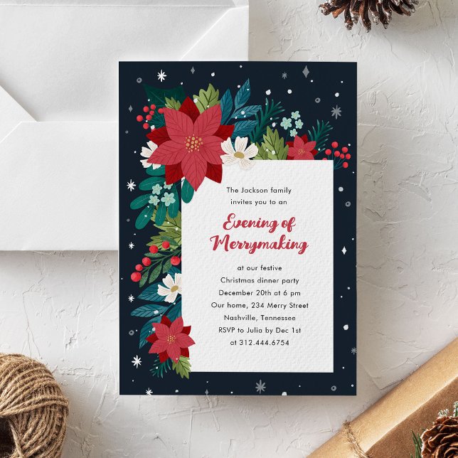 Colourful Botanical Foliage Christmas Party Invitation (colourful botanical flowers and leaves Christmas party invitation)