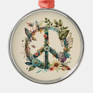 Colourful Botanical Peace Symbol Hippie Style Metal Tree Decoration