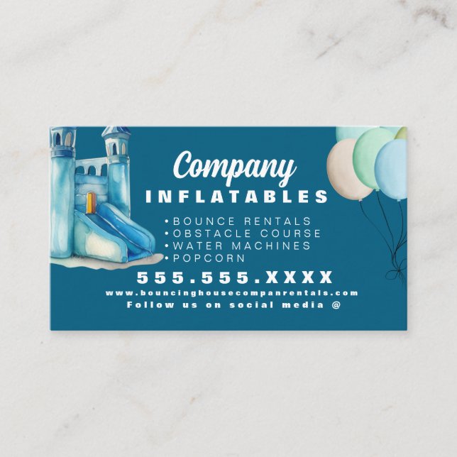 Colourful Bouncy House Party Watercolor Blue Business Card (Front)