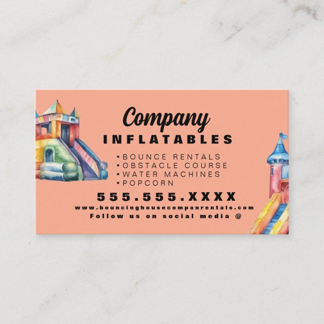 Colourful Bouncy House Party Watercolor Peach Business Card (Front)