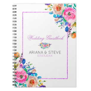 Colourful Bouquet And Purple Glitter Frame Spiral Notebook