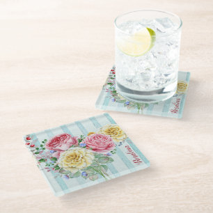 Colourful Bouquet Roses With Name Glass Coaster