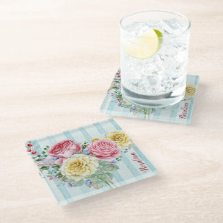 Colourful Bouquet Roses With Name Glass Coaster
