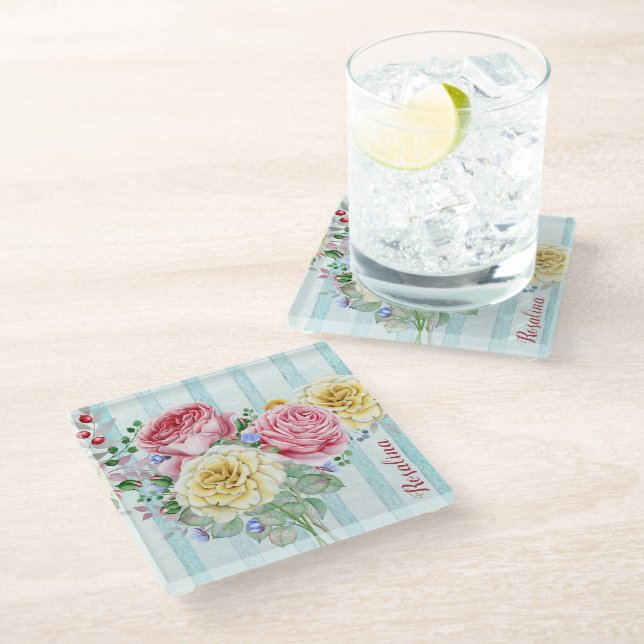 Colourful Bouquet Roses With Name Glass Coaster (Angled)