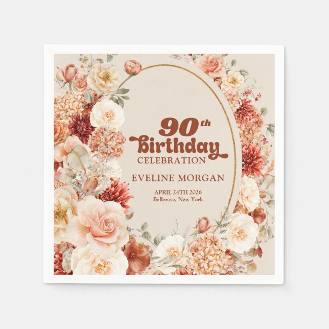 Colourful bouquet terracotta blush 90th birthday napkin (Front)