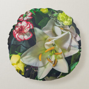 Colourful bouquet with lily round cushion