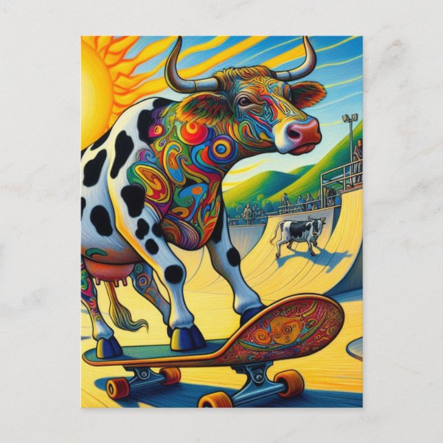 Colourful Bovine Skateboarding  Postcard (Front)