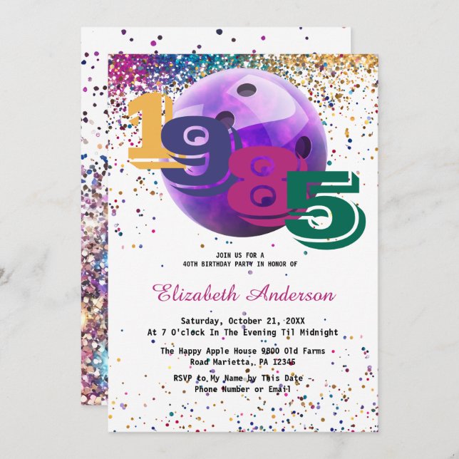 Colourful Bowling 1985 40th Birthday Party Custom Invitation (Front/Back)