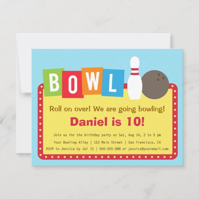Colourful Bowling Birthday Party Invitations (Front)