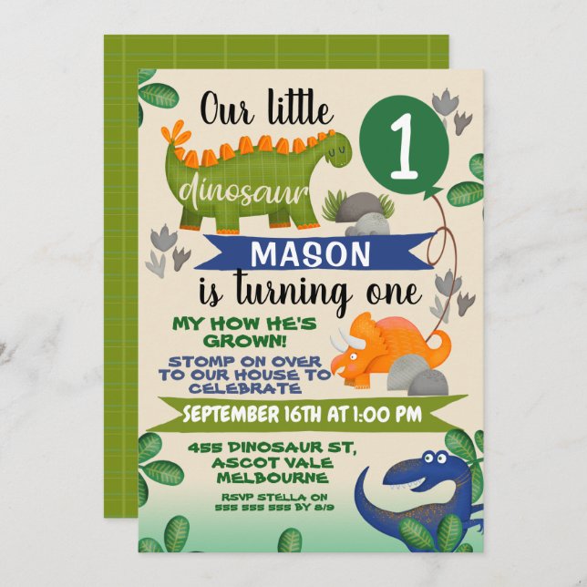 Colourful Boys Little Dinosaur Birthday Invitation (Front/Back)