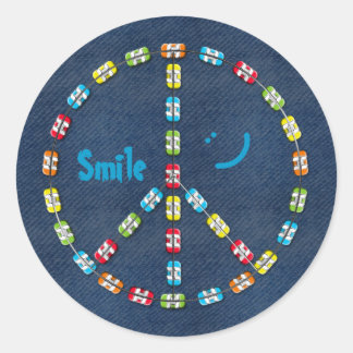 Colourful Braces Peace sign Smile and Denim Classic Round Sticker