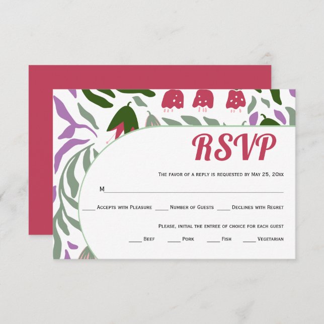 Colourful branches and flowers boho retro wedding RSVP card (Front/Back)