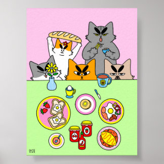 Colourful Breakfast Club Cat Illustration Kitchen Poster