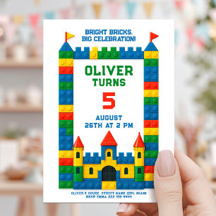 Colourful brick birthday party with playful castle invitation
