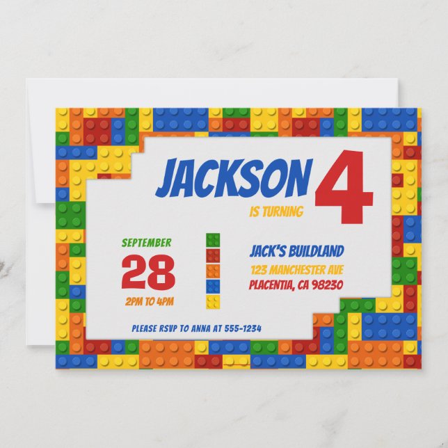 Colourful Bricks Building Blocks Birthday Invitation (Front)